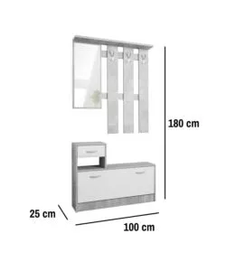MOBILE DA INGRESSO BELLAHOME CON SPECCHIO E APPENDIABITI BIANCO E CEMENTO 100X25X180 CM