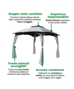 GAZEBO DA ESTERNO CON DOPPIO TETTO EUROGARDEN "BERLINO" IN ACCIAIO GRIGIO 3X3 M