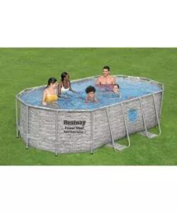 PISCINA FUORI TERRA CON STRUTTURA OVALE BESTWAY "POWER STEEL" CON FILTRO, SCALA, COPERTURA, CHEMCONNECT  E OBLO' EFFETTO FINTA PIETRA 427X250X100 CM - COD. 56714