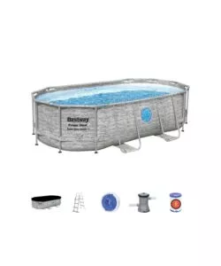 PISCINA FUORI TERRA CON STRUTTURA OVALE BESTWAY "POWER STEEL" CON FILTRO, SCALA, COPERTURA, CHEMCONNECT  E OBLO' EFFETTO FINTA PIETRA 427X250X100 CM - COD. 56714