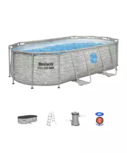 PISCINA FUORI TERRA CON STRUTTURA OVALE BESTWAY "POWER STEEL" CON FILTRO, SCALA, COPERTURA E OBLO' EFFETTO FINTA PIETRA 427X250X100 CM - COD. 56714
