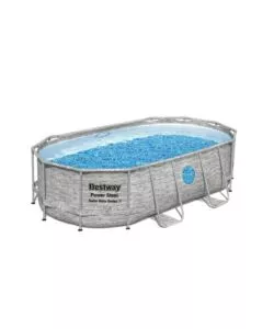 PISCINA FUORI TERRA CON STRUTTURA OVALE BESTWAY "POWER STEEL" CON FILTRO, SCALA, COPERTURA E OBLO' EFFETTO FINTA PIETRA 427X250X100 CM - COD. 56714