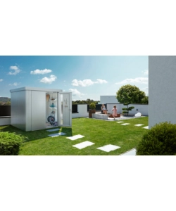 CASETTA DA GIARDINO BIOHORT "NEO 2B" IN ACCIAIO ZINCATO COLORE ARGENTO METALLIZZATO CON PORTA BATTENTE DOPPIO 236X236X222 CM - COD. 81063