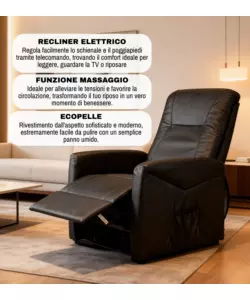 POLTRONA MASSAGGIANTE BELLAHOME "SIENA" CON RECLINER ELETTRICO IN ECOPELLE NERO 75X93X105 CM