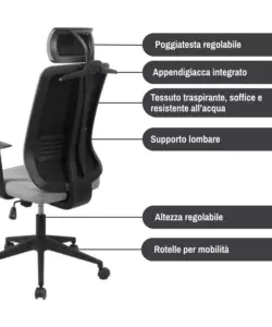 SEDIA DA UFFICIO TRASPIRANTE BELLAHOME "YALE" CON BRACCIOLI, POGGIATESTA REGOLABILE, APPENDIGIACCA IN TESSUTO GRIGIO 62X65X114-123 CM