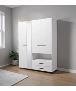 ARMADIO 4 ANTE BATTENTI "LISBONA" CON SPECCHIO E 2 CASSETTI BIANCO 161X55X205 CM