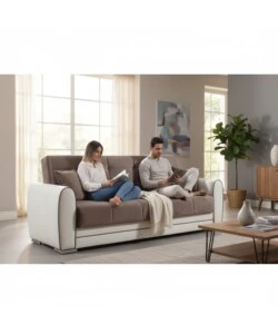 DIVANO LETTO "APOLLO" 3 POSTI IN ECOPELLE GRIGIO E BIANCO, 220X84X91 CM