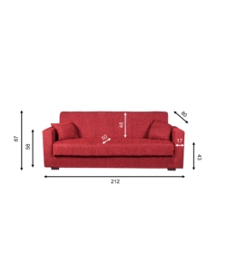 DIVANO LETTO "NORA" 3 POSTI IN TESSUTO ROSSO, 212X80X87 CM