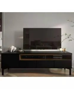 MOBILE TV NERO E LEGNO CON 1 ANTA E 3 CASSETTI, 156X48X48 CM