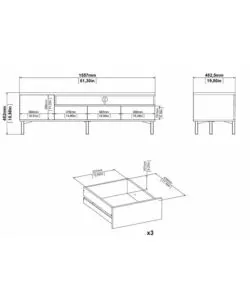 MOBILE TV NERO E LEGNO CON 1 ANTA E 3 CASSETTI, 156X48X48 CM