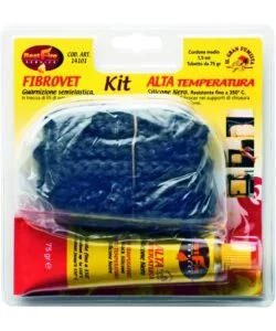GUARNIZIONE IN FIBRA DI VETRO BEST FIRE "KIT FIBROVET" CON CORDA 1,5 MT, DIAMETRO 12 MM E TUBETTO SILICONE NERO DA 75 GR