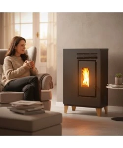 Stufa a pellet ventilata slim Caris "Fiore" con piedini antracite 5,0 kW