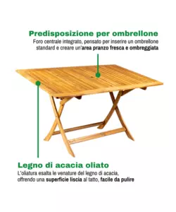 TAVOLO DA ESTERNO RETTANGOLARE PIEGHEVOLE EUROGARDEN "TRAPANI" IN LEGNO DI ACACIA 150X90X75 CM