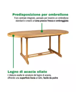 TAVOLO DA ESTERNO ALLUNGABILE EUROGARDEN OVALE IN LEGNO  DI ACACIA 150/200X100X75 CM