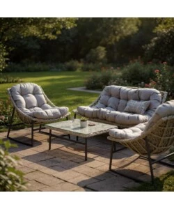 SET DA GIARDINO EUROGARDEN "LAS VEGAS" IN METALLO E PE RATTAN GRIGIO CON CUSCINI 4 SEDUTE E TAVOLINO