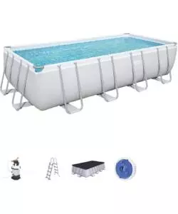 PISCINA FUORI TERRA CON STRUTTURA RETTANGOLARE BESTWAY "POWER STEEL FRAME" CON FILTRO A SABBIA, SCALETTA E TELO DI COPERTURA GRIGIO CHIARO 488X244X122 CM  - COD. 56671