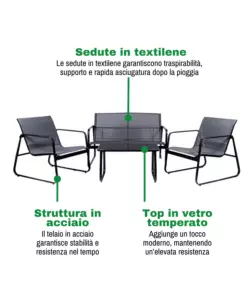 SET DA GIARDINO EUROGARDEN IN ACCIAIO E TEXTILENE GRIGIO 4 SEDUTE E TAVOLINO