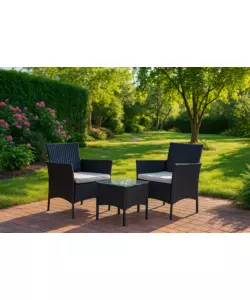 SET DA ESTERNO EUROGARDEN "LIPSIA" IN RATTAN CON CUSCINI GRIGIO 2 SEDUTE E TAVOLINO