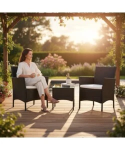 SET DA ESTERNO EUROGARDEN "LIPSIA" IN RATTAN CON CUSCINI GRIGIO 2 SEDUTE E TAVOLINO