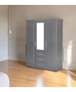 ARMADIO 3 ANTE BATTENTI CON 3 CASSETTI IN LEGNO DI PINO MASSELLO GRIGIO 140X55X190 CM