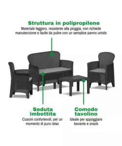 SET DA GIARDINO "JUNGLE" IN POLIPROPILENE CON CUSCINI ANTRACITE 4 SEDUTE E TAVOLINO
