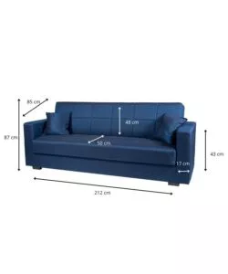 DIVANO LETTO "NORA" 3 POSTI IN TESSUTO BLU, 212X80X87 CM