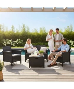 SET DA GIARDINO "MALINDI" IN POLIPROPILENE CON CUSCINI ANTRACITE 4 SEDUTE E TAVOLINO