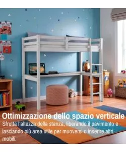 LETTO A SOPPALCO CON SCRIVANIA "NIZZA" IN PINO MASSELLO BIANCO LACCATO 202X98X176 CM