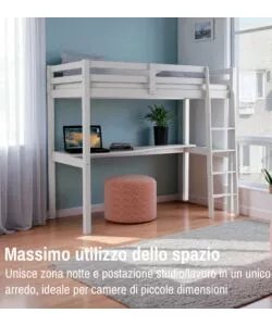LETTO A SOPPALCO CON SCRIVANIA "NIZZA" IN PINO MASSELLO BIANCO LACCATO 202X98X176 CM