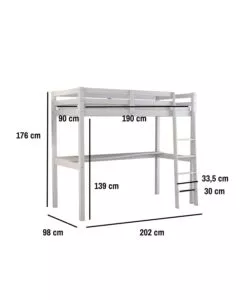 LETTO A SOPPALCO CON SCRIVANIA "NIZZA" IN PINO MASSELLO BIANCO LACCATO 202X98X176 CM