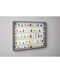 VETRINETTA SCAFFALE IN LEGNO GRIGIO CON ANTE IN VETRO SCORREVOLI, 80X9,5X60 CM