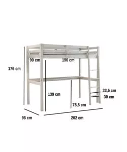 LETTO A SOPPALCO CON SCRIVANIA "NIZZA" IN PINO MASSELLO BIANCO 202X98X176 CM