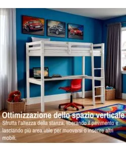 LETTO A SOPPALCO CON SCRIVANIA "NIZZA" IN PINO MASSELLO BIANCO 202X98X176 CM