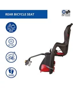 SEGGIOLINO POSTERIORE NERO E ROSSO PER BICICLETTA PER BAMBINI, MAX. 22 KG, DA 3 A 8 ANNI - SI FISSA AL TELAIO