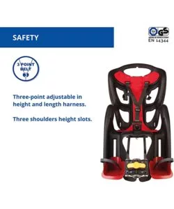 SEGGIOLINO POSTERIORE NERO E ROSSO PER BICICLETTA PER BAMBINI, MAX. 22 KG, DA 3 A 8 ANNI - SI FISSA AL TELAIO