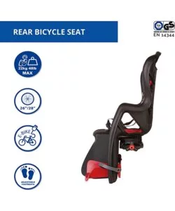 SEGGIOLINO POSTERIORE NERO E ROSSO PER BICICLETTA PER BAMBINI, MAX. 22 KG, DA 3 A 8 ANNI - SI FISSA AL PORTAPACCHI