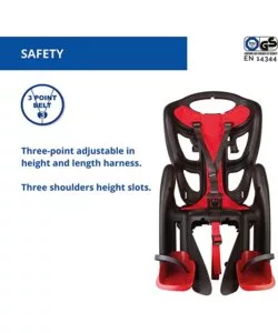 SEGGIOLINO POSTERIORE NERO E ROSSO PER BICICLETTA PER BAMBINI, MAX. 22 KG, DA 3 A 8 ANNI - SI FISSA AL PORTAPACCHI