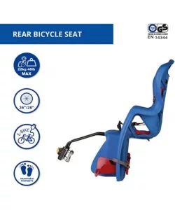 SEGGIOLINO POSTERIORE BLU PER BICICLETTA PER BAMBINI, MAX. 22 KG, DA 3 A 8 ANNI - SI FISSA AL TELAIO