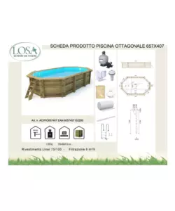 PISCINA OTTAGONALE IN LEGNO DI PINO IMPREGNATO IN AUTOCLAVE, 657X407 CM