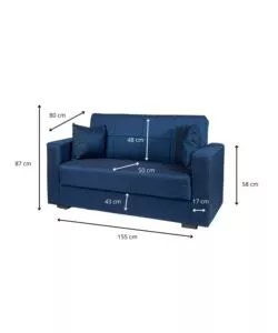 DIVANO LETTO "NORA" 2 POSTI IN TESSUTO BLU, 155X80X87 CM