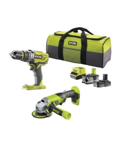KIT VALIGETTA TRAPANO AVVITATORE E SMERIGLIATRICE A BATTERIA RYOBI "R18PD3 + R18AG" 2 BATTERIE 18V 2AH/4AH E CARICABATTERIE