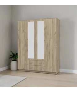 ARMADIO 4 ANTE BATTENTI "PRAGA" CON SPECCHI E 2 CASSETTI EFFETTO QUERCIA 160X52X205 CM