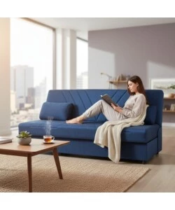 DIVANO LETTO "FIJI" 3 POSTI IN TESSUTO BLU CON CASSETTONE CONTENITORE, 183X81X89 CM