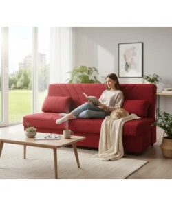 DIVANO LETTO "FIJI" 3 POSTI IN TESSUTO ROSSO CON CASSETTONE CONTENITORE, 183X81X89 CM