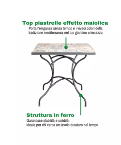 TAVOLO DA ESTERNO EUROGARDEN "POMPEI" IN FERRO CON TOP PIASTRELLE GRES 80X80X75 CM