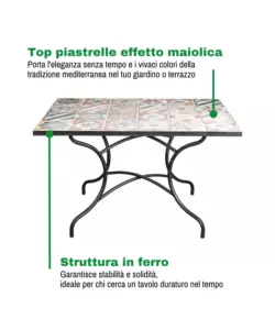 TAVOLO DA ESTERNO EUROGARDEN "POMPEI" IN FERRO CON TOP PIASTRELLE GRES 120X80X75 CM