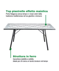TAVOLO DA ESTERNO EUROGARDEN "VENEZIA" IN FERRO CON TOP PIASTRELLE GRES 160X80X75 CM