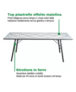 TAVOLO DA ESTERNO EUROGARDEN "VENEZIA" IN FERRO CON TOP PIASTRELLE GRES 200X80X75 CM