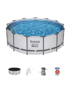 PISCINA FUORI TERRA CON STRUTTURA ROTONDA BESTWAY "PRO MAX" CON POMPA, FILTRO, TELO DI COPERTURA E SCALETTA GRIGIO CHIARO 396X122 CM - COD. 5618W