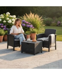 SET DA GIARDINO "MALINDI BALCONY" IN POLIPROPILENE CON CUSCINI ANTRACITE 2 SEDUTE E TAVOLINO